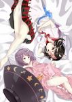  2girls absurdres arm_across_chest arm_behind_head barefoot black_hair blush bowl chinese_commentary commentary_request folded_leg highres horns japanese_clothes kijin_seija kimono light_smile long_sleeves looking_at_viewer lying multicolored_hair multiple_girls obi off_shoulder on_bed on_side outstretched_leg pillow pink_kimono puffy_short_sleeves puffy_sleeves purple_eyes purple_hair red_eyes sash shirt short_hair short_sleeves skirt streaked_hair sukuna_shinmyoumaru tadie_(innovation1998) touhou white_shirt white_skirt 