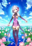  1girl arm_at_side bare_shoulders black_shirt black_skirt blue_sky bob_cut breasts bud closed_mouth covered_navel detached_sleeves earrings expressionless fate/grand_order fate_(series) feet_out_of_frame flower game_cg gold_ring gold_trim gradient_clothes gradient_shirt hair_ribbon halterneck head_tilt high_collar jewelry kama_(fate) kama_(first_ascension)_(fate) long_shirt long_sleeves looking_at_viewer lotus lotus_leaf miniskirt multiple_rings official_art outstretched_arm pink_flower pink_ribbon purple_shirt purple_sleeves purple_thighhighs red_eyes redrop ribbon ring shirt short_hair side_slit skirt sky small_breasts solo thigh_strap thighhighs third-party_source variant_set water white_hair 