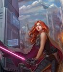 1girl black_bodysuit black_gloves bodysuit brown_cape building cape city day energy_sword gloves green_eyes holding holding_sword holding_weapon holster lightsaber long_hair mara_jade orange_hair outdoors pink_lightsaber skyscraper sleeveless sleeveless_bodysuit solo standing star_wars sword weapon wu_le 