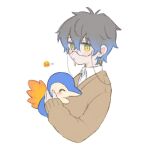  1boy blue_hair brown_sweater closed_mouth collared_shirt cropped_torso cyndaquil earrings emoji eyewear_strap frown glasses gradient_hair green_eyes grey_hair hair_between_eyes holding holding_pokemon ike_eveland jewelry long_sleeves looking_at_viewer male_focus meat_(1229) multicolored_hair nijisanji nijisanji_en pokemon pokemon_(creature) shirt simple_background solo sweater upper_body virtual_youtuber white_background white_shirt yellow_eyes 