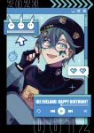  1boy 2023 beret black_border black_gloves black_sweater blue_eyes border bug_bbb character_name character_sticker dated earrings eyewear_strap fingerless_gloves glasses gloves gradient_eyes green_hair hair_between_eyes hand_up hat hatsune_miku highres ike_eveland ike_eveland_(2nd_costume) jacket jewelry looking_at_viewer luca_kaneshiro luxiem male_focus multicolored_eyes mysta_rias nib_pen_(object) nijisanji nijisanji_en open_clothes open_jacket open_mouth pen quildren_(ike_eveland) round_eyewear shu_yamino smile solo star_sticker sticker_on_face sticker_on_hair sweater turtleneck turtleneck_sweater upper_body virtual_youtuber vocaloid vox_akuma window_(computing) yellow_eyes 