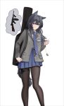  1girl absurdres alter_kamerade animal_ears arknights black_hair black_tail blazer brown_thighhighs buttons character_name chinese_commentary closed_mouth collared_shirt commentary_request diagonal-striped_clothes diagonal-striped_necktie feet_out_of_frame grey_jacket gun hair_between_eyes hair_intakes highres holding id_card instrument_case jacket jewelry light_frown long_hair long_sleeves looking_at_viewer miniskirt multicolored_eyes necktie pantyhose partial_commentary partially_unbuttoned pendant_watch pleated_skirt pouch purple_eyes purple_necktie purple_skirt ring shirt simple_background skirt solo standing striped_clothes submachine_gun tail texas_(arknights) thigh_pouch thigh_strap thighhighs thompson_submachine_gun two-tone_eyes weapon white_background white_shirt wolf_ears wolf_girl wolf_tail yellow_eyes 