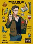  1boy artist_name black_shirt brown_hair gun haejeo1008 handgun harry_mason highres holding holding_gun holding_weapon jacket lead_pipe male_focus open_clothes open_jacket screwdriver shirt signature silent_hill_(series) silent_hill_1 twitter_username weapon 