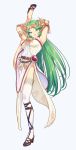 1girl anklet armlet armpits arms_up asymmetrical_legwear bangle bangs belt bracelet breasts brown_footwear commentary_request dress forehead_jewel full_body green_eyes green_hair headgear headpiece high_heels highres jewelry jii_(user_ihp6405) kid_icarus kid_icarus_uprising large_breasts leg_up long_hair looking_at_viewer looking_down nintendo open_mouth palutena parted_bangs pendant simple_background single_thighhigh smile solo split standing standing_on_one_leg standing_split strapless strapless_dress thighhighs vambraces very_long_hair white_dress white_legwear 