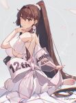  1girl anniversary breasts brown_hair cherry_blossoms commentary_request dress earrings flower from_behind hair_flower hair_intakes hair_ornament highres himeyamato huge_breasts jewelry kantai_collection long_hair ponytail red_eyes sidelocks sitting smile solo very_long_hair white_dress yamato_(kancolle) yokozuwari 