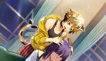  1boy 1girl animal_ear_fluff animal_ears bell black_bow black_choker black_tank_top blonde_hair bow brown_hair cat_boy cat_ears cat_tail choker curtains dill_(nekopara_-_catboys_paradise) faceless faceless_female fluffy_hair food fruit g_yuusuke game_cg grin hair_brush hair_ornament hairclip hands_on_another&#039;s_head hands_up highres holding holding_brush indoors jacket long_sleeves looking_at_another looking_down mc_(nekopara_-_catboys_paradise) medium_hair multicolored_tail neck_bell nekopara nekopara_-_catboys_paradise night non-web_source official_art open_clothes open_jacket open_mouth orange_hair pants purple_hair red_pants short_hair sitting sliced sliced_fruit smile spots spotted_fur spotted_tail standing strawberry striped_clothes striped_pants tail tail_wagging tank_top window yellow_eyes yellow_jacket 