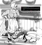 amy_(canisfidelis) anthro apron armor avian barmaid beak beer_mug bird breasts bubble canid canine canis canisfidelis chainmail clara_(canisfidelis) clothed clothing corvid corvus_(genus) crow digital_media_(artwork) domestic_dog drunk drunk_bubble duo english_text eyebrows eyes_closed feathers female footwear fur hair hi_res knight mammal melee_weapon monochrome neck_tuft needy open_mouth oscine passerine shoes simple_background substance_intoxication sword tail teeth text topwear tuft warrior weapon