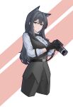  1girl absurdres alter_kamerade ambience_synesthesia animal_ear_fluff animal_ear_piercing animal_ears arknights belt black_belt black_bow black_bowtie black_eyes black_gloves black_hair black_pants black_vest bow bowtie buttons camera collared_shirt commentary_request cropped_legs dress_shirt gloves grey_shirt hair_between_eyes highres holding holding_camera long_hair long_sleeves looking_at_viewer multicolored_eyes official_alternate_costume pants parted_lips partial_commentary shirt solo standing texas_(arknights) traditional_bowtie two-tone_eyes vest waistcoat wolf_ears wolf_girl yellow_eyes 