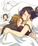  1boy 1girl 1other between_breasts black_shirt black_tank_top blush breasts brown_hair closed_mouth commentary_request couple covering_own_eyes cuddling dragon_quest dragon_quest_xi flying_sweatdrops hair_down hero_(dq11) hetero highres hug image_in_thought_bubble kimidori_(kimidoriri) large_breasts martina_(dq11) medium_hair on_bed parted_hair purple_hair shirt sleeping slime_(dragon_quest) smile speech_bubble strap_slip tank_top thought_bubble tockle_(dq11) translation_request under_covers upper_body white_background 