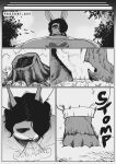 anthro big_breasts breasts choker clothing comic exhaling grass gynomorph hair hair_over_eye hi_res intersex jewelry lifting muscular muscular_intersex necklace peculiart plant ruth_(peculiart) solo stomping tree_stump veiny_arms