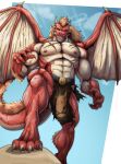 2025 5_fingers anthro balls barazoku barely_visible_balls barely_visible_genitalia bottomwear bulge claws clothed clothing colored dragon european_mythology fingers genitals hair hi_res loincloth loincloth_only looking_at_viewer looking_down looking_down_at_viewer low-angle_view male membrane_(anatomy) membranous_wings muscular muscular_anthro muscular_male mythological_creature mythological_scalie mythology nipples red_body red_scales red_tail scales scalie scar solo tail teastuff topless western_dragon wings