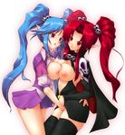  blue_hair breast_press breasts copyright_request hair_ornament highres kuku_px large_breasts multiple_girls pointy_ears purple_eyes red_eyes red_hair skull_hair_ornament symmetrical_docking thighhighs tongue twintails yuri zettai_ryouiki 