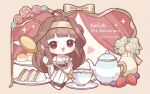  1girl :3 :d bare_shoulders black_bow blunt_bangs blush_stickers bow brown_hair commentary_request cup detached_sleeves dress flower food fruit full_body headgear highres holding holding_spoon kantai_collection kongou_(anniversary)_(kancolle) kongou_(kancolle) leaf long_hair looking_at_viewer nada_namie open_mouth red_eyes ribbon sandwich saucer shoes simple_background sleeveless sleeveless_dress smile solo spoon strawberry teacup teapot vase waist_bow white_background white_dress white_flower white_shoes white_sleeves wide_sleeves yellow_background yellow_ribbon 