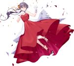  1girl akebono_(10th_anniversary/lawson)_(kancolle) akebono_(kancolle) anniversary backless_dress backless_outfit dress drew_(drew213g) flower full_body hair_flower hair_ornament kantai_collection long_hair looking_at_viewer official_art open_hand purple_eyes purple_hair red_dress side_ponytail solo torn_clothes torn_dress transparent_background very_long_hair white_dress 