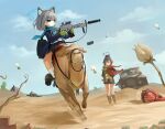  4girls absurdres animal_ear_fluff animal_ears aqua_scarf assault_rifle black_skirt blue_archive blue_eyes boots brown_hair cactus camel day desert dokomon double_bun extra_ears gloves green_gloves grey_hair grey_skirt gun hair_between_eyes hair_bun hair_ornament hairclip halo haruka_(blue_archive) hat helmet helmet_gang_officer_(blue_archive) helmet_gangster_(blue_archive) highres holding holding_gun holding_weapon jacket long_sleeves medium_hair metal_slug military_jeep miniskirt motor_vehicle multiple_girls outdoors plaid_clothes plaid_skirt pleated_skirt purple_hair red_jacket riding rifle scarf school_uniform shiroko_(blue_archive) sig_556 sig_sauer skirt socks sv-camel weapon white_socks wolf_ears wolf_girl yellow_halo 