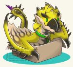 &gt;_&lt; alternate_color animated black_stripes box canes-cm capcom cardboard cardboard_box claws collar collar_tag container daww eyes_closed feral flame_pattern flying_wyvern gold_scales green_collar head_ridge if_it_fits_i_sits_(meme) in_box in_container male meme monster_hunter name_tag open_mouth rath_wyvern rathalos roaring sharp_teeth short_playtime solo spiked_tail spikes spikes_(anatomy) stripes tail teeth tongue_showing wings