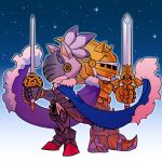  1boy 1girl armor back-to-back blaze_the_cat blue_cape blue_sky cape commission english_commentary excalibur_sonic gold_armor highres holding holding_sword holding_weapon percival_(sonic) purple_cape raccoon_art4 rapier second-party_source sky sonic_(series) sonic_and_the_black_knight sonic_the_hedgehog standing star_(sky) sword weapon 