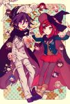  1boy 1girl absurdres akamatsu_kaede amami_rantaro bird black_cape black_hat black_jacket brown_vest button_eyes buttons cape chabashira_tenko character_doll checkered_clothes checkered_scarf chibi cloak collared_jacket collared_shirt commentary_request danganronpa_(series) danganronpa_v3:_killing_harmony dove falling_feathers feathers flipped_hair gem_hair_ornament gokuhara_gonta hair_between_eyes hair_ornament harukawa_maki hat hat_belt highres hoshi_ryoma iruma_miu jacket k1-b0 long_sleeves momota_kaito multicolored_buttons oma_kokichi open_mouth pants pantyhose partial_commentary peaked_cap pleated_skirt purple_eyes purple_hair red_eyes red_hair red_skirt ringed_eyes saihara_shuichi scarf school_uniform shinguji_korekiyo shirogane_tsumugi shirt short_hair skirt smile standing star_(symbol) thigh_strap tojo_kirumi two-tone_scarf vest witch_hat yokosuka_(jyamuojisan7) yonaga_angie yumeno_himiko 