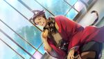  1boy animal_ear_fluff animal_ears braid brown_hair cat_boy cat_ears cat_tail checkered_clothes checkered_floor checkered_scarf clothing_request dark_skin dorayaki eating floor food g_yuusuke game_cg grin hand_up highres holding holding_food indoors japanese_clothes kimono long_tail multicolored_hair multicolored_kimono multicolored_scarf multicolored_tail nekopara nekopara_-_catboys_paradise non-web_source obi official_art open_mouth orange_hair purple_eyes sage_(nekopara_-_catboys_paradise) sash scarf short_hair sitting smile striped_tail sunlight tail teeth tree wagashi window 