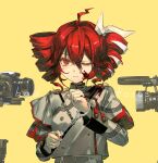  1girl absurdres ahoge belt black_belt black_sleeve_cuffs blood blood_on_clothes blood_on_face buttons camera crossed_bangs cuffs disgust double-breasted drill_hair grey_jacket grey_skirt hair_between_eyes handcuffs highres jacket kasane_teto kasane_teto_(sv) layered_sleeves long_hair mechari midriff_peek musical_staff musical_staff_print one_eye_closed red_eyes red_hair red_trim shoulder_belt shoulder_boards skirt solo striped_clothes striped_jacket synthesizer_v tears twin_drills upper_body utau video_camera yellow_background 