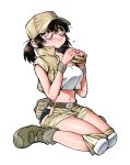  1girl belt black_panties blush breasts brown_hair brown_hat brown_jacket brown_shorts burger cleavage commentary crop_top cropped_jacket eating fio_germi food glasses hat highres hip_vent holding holding_burger holding_food jacket knee_pads looking_up medium_breasts metal_slug navel panties ponytail round_eyewear shorts simple_background sitting solo stomach tank_top underwear wariza white_background white_tank_top wristband yeopeu_(yeopeu_) 