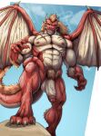 2025 5_fingers anthro balls barazoku claws colored dragon european_mythology fingers genitals glans hair half-erect hi_res humanoid_genitalia humanoid_penis looking_at_viewer looking_down looking_down_at_viewer low-angle_view male membrane_(anatomy) membranous_wings muscular muscular_anthro muscular_male mythological_creature mythological_scalie mythology nipples nude penis pubes red_body red_scales red_tail scales scalie scar solo tail teastuff western_dragon wings