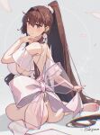  1girl anniversary ass breasts brown_hair cherry_blossoms commentary_request earrings flower from_behind hair_flower hair_intakes hair_ornament highres himeyamato huge_breasts jewelry kantai_collection long_hair no_panties ponytail red_eyes sidelocks sitting smile solo very_long_hair yamato_(kancolle) yokozuwari 