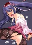  after_sex ass bdsm black_hair blue_eyes blush bondage bound bound_wrists breasts cum cum_in_pussy from_behind furudo_erika l-trap long_hair looking_back medium_breasts nipples no_panties pantyhose solo torn_clothes torn_legwear twintails umineko_no_naku_koro_ni 