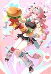  +_+ 1girl :q absurdres ahoge animal_ears aqua_hair bandaid bell black_skirt bow braid breasts burger cow_ears cow_girl cow_horns cow_tail cowbell detached_sleeves food full_body fur_trim genshin_impact hairband heart highres horns large_breasts leg_warmers long_hair multicolored_hair notice_lines pink_hair plate purple_eyes shoes single_thighhigh skirt sneakers solo sparkle spoken_heart streaked_hair tail thighhighs tongue tongue_out twin_braids varesa_(genshin_impact) white_leg_warmers yellow_sleeves yimi_(jwee7342) 