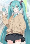  1girl :o absurdres aqua_eyes aqua_hair aqua_necktie black_skirt cardigan cowboy_shot dot_nose hand_in_pocket hatsune_miku highres holding holding_phone hutaba_haru indoors long_hair necktie open_mouth phone shirt skirt solo tachi-e twintails very_long_hair vocaloid white_shirt yellow_cardigan 