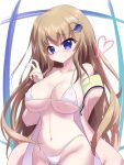 1girl 9-nine- absurdres alternate_costume arm_behind_back bare_shoulders bikini blue_eyes blush breasts brown_hair cardigan cleavage closed_mouth collarbone covered_nipples cowboy_shot eyes_visible_through_hair furrowed_brow gear_hair_ornament groin hair_between_eyes hair_ornament halterneck hand_up hashtag-only_commentary heart highleg highleg_bikini highres kujou_miyako large_breasts long_hair looking_at_viewer micro_bikini navel open_cardigan open_clothes pink_cardigan ryu9voice sidelocks simple_background smile solo split_mouth star_(symbol) star_print stomach sweatdrop swimsuit v very_long_hair white_background white_bikini wing_hair_ornament 