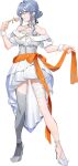  1girl asymmetrical_legwear blue_eyes blue_hair breasts collarbone dress drew_(drew213g) flower full_body gotland_(kancolle) hair_between_eyes hair_bun kantai_collection large_breasts looking_at_viewer mismatched_legwear mole mole_under_eye official_art orange_ribbon ribbon single_hair_bun skirt smile solo transparent_background white_dress 