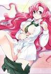  areolae between_breasts blush breasts cleavage code_geass curly_hair euphemia_li_britannia kurimomo large_breasts long_hair lying necktie nipple_slip nipples no_bra no_panties open_clothes open_shirt pink_hair purple_eyes pussy_juice shirt solo undressing 