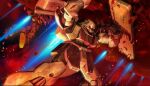  asteroid axis_(gundam) battle cable char&#039;s_counterattack company_name copyright_notice debris fake_screenshot geara_doga glowing_hot gundam gundam_battle_operation_2 machinery mecha mecha_focus neo_zeon official_art one-eyed pink_eyes pushing realistic robot science_fiction shield solo space spoilers sunrise_(company) thrusters traditional_media vernier_thrusters 