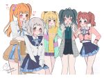  5girls ;d alternate_hairstyle antenna_hair arms_between_legs bare_legs blonde_hair blue_overskirt blue_ribbon blue_skirt blush brown_cardigan brown_hair brown_jacket cardigan cardigan_around_waist clenched_hands clothes_around_waist coat commentary_request cropped_legs fujita_kotone gakuen_idolmaster green_hair grey_coat grey_hair gyaru hair_ornament hair_scrunchie hanami_saki hatsuboshi_gakuen_school_uniform heart highres idolmaster jacket katsuragi_lilja kogal long_hair matching_hairstyle mole mole_under_eye multicolored_jacket multiple_girls neck_ribbon nose_blush one_eye_closed orange_hair pleated_skirt ribbon school_uniform scrunchie shirt shiun_sumika short_hair signature simple_background sitting skirt smile standing tsukimura_temari twintails twitter_username two_side_up watermark white_background white_jacket white_shirt yuzuriha_35 