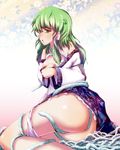  bad_id bad_pixiv_id blush breast_hold breasts detached_sleeves frog green_eyes green_hair hair_ornament japanese_clothes knj kochiya_sanae long_hair medium_breasts mishaguji nipple_slip nipples panties panty_pull snake solo touhou underwear 