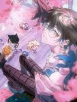  5boys animal_ears black_hair blonde_hair blue_hair blue_jacket blurry blurry_foreground book bread bred brown_hair brown_pants cat_boy cat_ears cherry_blossoms chibi closed_mouth collared_shirt creature creature_on_shoulder earrings eduardo_szh eyewear_on_head food from_below glasses gradient_hair green_hair hair_between_eyes highres ike_eveland jacket jewelry kemonomimi_mode looking_at_viewer luca_kaneshiro luxiem male_focus melon_bread mini_person miniboy multicolored_hair multiple_boys mysta_rias nijisanji nijisanji_en on_shoulder pants plaid_clothes plaid_pants purple_eyes quildren_(ike_eveland) reaching reaching_towards_viewer round_eyewear shirt shu_yamino sitting smile tail virtual_youtuber vox_akuma white_shirt 