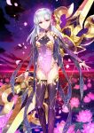  1girl arm_at_side bikini bikini_bottom_only black_collar breasts closed_mouth collar collarbone covered_navel detached_sleeves earrings expressionless fate/grand_order fate_(series) feet_out_of_frame flower game_cg gold_bikini gold_ring gold_trim gradient_clothes gradient_shirt groin hair_ribbon halterneck head_tilt jewelry kama_(fate) kama_(second_ascension)_(fate) long_hair long_shirt long_sleeves looking_at_viewer lotus lotus_leaf medium_breasts multiple_rings night night_sky official_art outstretched_arm pink_flower pink_ribbon purple_shirt purple_sleeves purple_thighhighs red_eyes redrop ribbon ring shirt side_slit sky solo swimsuit thigh_strap thighhighs third-party_source variant_set water weapon white_hair 