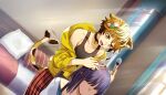  1boy 1girl animal_ear_fluff animal_ears bed bell black_bow black_choker black_tank_top blonde_hair bow brown_hair cat_boy cat_ears cat_tail choker dill_(nekopara_-_catboys_paradise) faceless faceless_female fluffy_hair food fruit g_yuusuke game_cg grin hair_ornament hairclip hands_on_another&#039;s_head hands_up highres holding holding_tool indoors jacket long_sleeves looking_at_another looking_down makeup makeup_brush mc_(nekopara_-_catboys_paradise) multicolored_tail neck_bell nekopara nekopara_-_catboys_paradise night non-web_source official_art open_clothes open_jacket open_mouth orange_hair pants pillow purple_hair red_pants short_hair sitting sliced sliced_fruit smile spots spotted_fur spotted_tail standing strawberry striped_clothes striped_pants sunlight tail tail_wagging tank_top tool_request tools window yellow_eyes yellow_jacket 