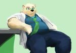  2019 anthro belly black_nose blue_eyes clothed clothing eyewear fur glasses humanoid_hands leib_(tas) male mammal necktie open_shirt overweight overweight_male pants polar_bear shirt simple_background sitting solo tokyo_afterschool_summoners uiojk7 ursid ursine video_games white_fur 