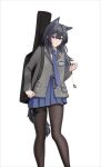  1girl absurdres alter_kamerade animal_ears arknights black_hair black_tail blazer brown_thighhighs buttons character_name chinese_commentary collared_shirt commentary_request diagonal-striped_clothes diagonal-striped_necktie feet_out_of_frame grey_jacket hair_between_eyes hair_intakes highres holding id_card instrument_case jacket jewelry long_hair long_sleeves looking_at_viewer miniskirt multicolored_eyes necktie pantyhose parted_lips partial_commentary partially_unbuttoned pendant_watch pleated_skirt pouch purple_eyes purple_necktie purple_skirt ring shirt simple_background skirt solo standing striped_clothes tail texas_(arknights) thigh_pouch thigh_strap thighhighs two-tone_eyes white_background white_shirt wolf_ears wolf_girl wolf_tail yellow_eyes 