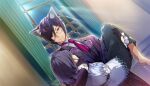  1boy 1girl animal_ear_fluff animal_ears barefoot belt black_belt black_gloves black_vest buttons carrying carrying_person cat_boy cat_ears curtains dress faceless faceless_female feet fennel_(nekopara_-_catboys_paradise) floral_print frills g_yuusuke game_cg glasses gloves grey-framed_eyewear half_gloves highres light_smile long_bangs long_dress long_sleeves looking_at_another looking_down mc_(nekopara_-_catboys_paradise) medium_hair moonlight necktie nekopara nekopara_-_catboys_paradise night non-web_source official_art pants purple_hair purple_necktie purple_suit red_eyes round_eyewear short_hair short_sleeves smile striped_clothes striped_pants striped_vest suit swept_bangs vest window 
