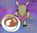 abstract_background anthro apron apron_only armadillo balls barefoot barista beverage black_eyes blush claws clothing coffee container cup erection feet foreskin fur genitals heart_symbol hi_res holding_object humor latte_art male male/male mammal mostly_nude muscular name_tag nervous offering_beverage penis pink_apron pink_clothing pun purple_background rillian_(snufflesnuf) saucer shell shy simple_background smile snufflesnuf solo suggestive_fluid tail text toe_claws toes topwear whiskers xenarthran