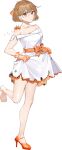  1girl anchor anchor_ornament barefoot breasts crab dress drew_(drew213g) full_body gloves hair_ribbon hand_on_own_chest jewelry kantai_collection medium_breasts necklace oboro_(12th_anniversary)_(kancolle) oboro_(kancolle) official_art orange_gloves orange_ribbon ribbon short_hair third-party_source torn_clothes torn_gloves transparent_background white_dress 