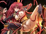  armor breasts censored ikazuchi_no_senshi_raidy kazuma_muramasa large_breasts leotard nipples one_eye_closed raidy red_hair solo spread_legs tentacles thighhighs yellow_leotard 