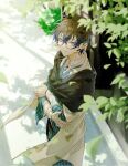  1boy black_shawl blue_hair blurry brown_hair closed_mouth crossed_arms day depth_of_field earrings eyewear_strap feet_out_of_frame fishnet_gloves fishnets glasses gloves green_eyes hair_between_eyes highres ike_eveland japanese_clothes jewelry kimono looking_at_viewer male_focus nijisanji nijisanji_en outdoors see_(514) shawl shirt smile solo striped_clothes striped_kimono virtual_youtuber white_shirt wide_sleeves wind 