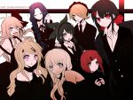  6+girls :3 :d ahoge akamatsu_kaede antenna_hair bare_shoulders black_hair black_hairband black_jacket black_necktie black_ribbon blonde_hair blush braid brown_hair chabashira_tenko collared_shirt commentary copyright_name danganronpa_(series) danganronpa_v3:_killing_harmony dress eyelashes formal_clothes glasses green_eyes hair_ornament hair_over_one_eye hairband harukawa_maki iruma_miu jacket long_hair looking_at_viewer low_twintails mole mole_under_eye multiple_girls musical_note musical_note_hair_ornament neck_ribbon necktie negi_(ngng_9) off-shoulder_dress off_shoulder open_mouth pink_eyes red_eyes red_scrunchie ribbon scrunchie shirogane_tsumugi shirt short_hair slit_pupils smile suit teeth tojo_kirumi tongue twintails upper_teeth_only very_long_hair white_shirt yonaga_angie yumeno_himiko 