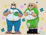  2022 anthro ashigara belly big_belly blush bottomwear brown_body clothing devour1129 duo eyes_closed eyewear footwear glasses hat headgear headwear humanoid_hands kemono lifewonders male mammal overweight overweight_male pants sandals straw_hat tokyo_afterschool_summoners ursid video_games volos 