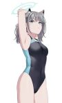  1girl animal_ear_fluff animal_ears armpits arms_up bare_arms bare_shoulders black_swimsuit blue_archive blue_eyes breasts covered_navel grey_hair groin hair_ornament halo long_hair looking_at_viewer mattaku_mousuke medium_breasts one-piece_swimsuit parted_lips shiroko_(blue_archive) shiroko_(swimsuit)_(blue_archive) simple_background solo swimsuit twitter_username white_background 