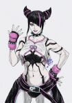  1girl abs belt black_hair breasts capcom choker cleavage cleavage_cutout clothing_cutout drill_hair fingerless_gloves gloves hair_over_one_eye han_juri highres looking_at_viewer multicolored_hair navel shirt signature simple_background sleeveless sleeveless_shirt solo spiked_choker spikes streaked_hair street_fighter street_fighter_6 tobita_nikiichi toned twin_drills underboob white_background yin_yang 